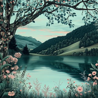 Celestichroma style, Midjourney V6.1: realistic landscape photograph of quiet dawn