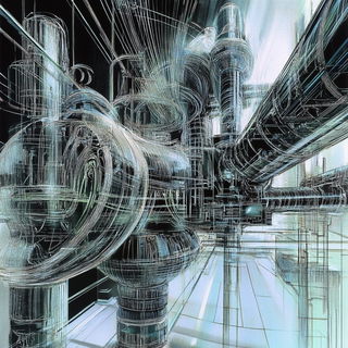 Floodromancy style, Midjourney V6.1: technical infrastructure blueprint schematics