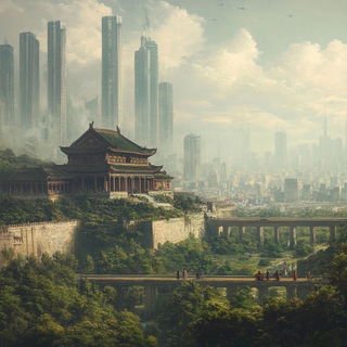 Goldthread Castellature style, Midjourney V6.1: megacity with futuristic bioarchitecture
