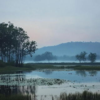 Goldthread Castellature style, Midjourney V6.1: realistic landscape photograph of quiet dawn