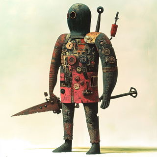 Ruincatharsis style, Midjourney V6.1: concept art character design of retropunk steam knight