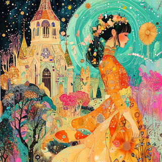Waterfall Parallax style, Midjourney V6.1: retro fairy-tale illustration