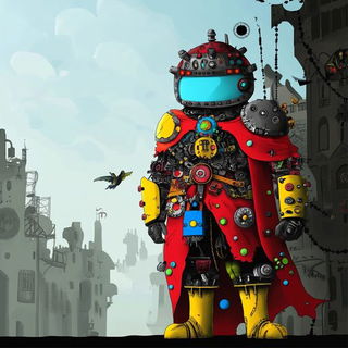 Chromatic Toriiism style, Midjourney V6.1: concept art character design of retropunk steam knight