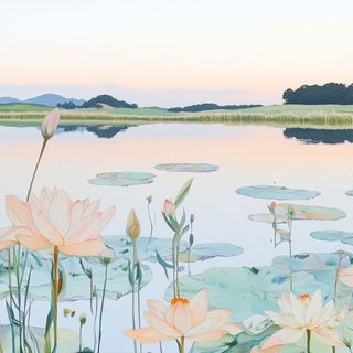 Pagodafable style, Midjourney V6.1: realistic landscape photograph of quiet dawn