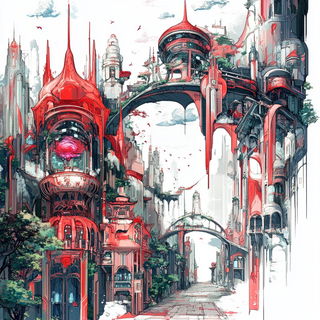 Inkedrift Adventureism style, Midjourney V6.1: megacity with futuristic bioarchitecture