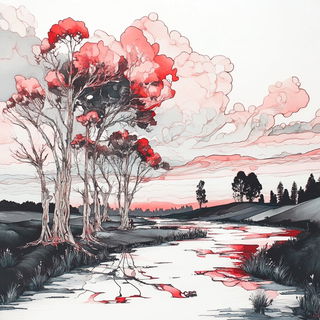 Inkedrift Adventureism style, Midjourney V6.1: realistic landscape photograph of quiet dawn