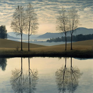 Geometric Broderie style, Midjourney V6.1: realistic landscape photograph of quiet dawn