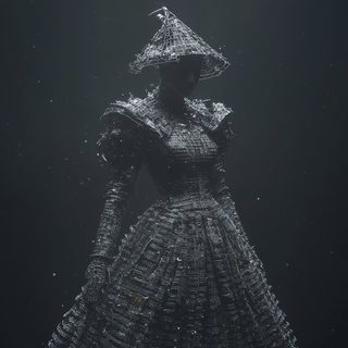 Monumentojux style, Midjourney V6.1: haute-couture fashion outfit