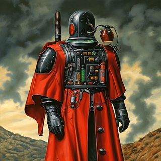 Risocephalics style, Midjourney V6.1: concept art character design of retropunk steam knight