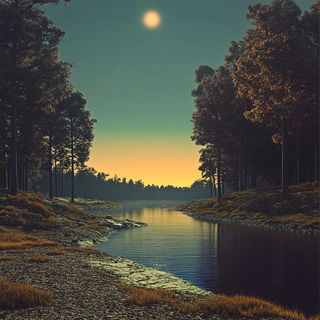 Verdantoon style, Midjourney V6.1: realistic landscape photograph of quiet dawn