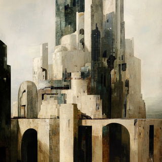 Parachute Ligature style, Midjourney V6.1: megacity with futuristic bioarchitecture