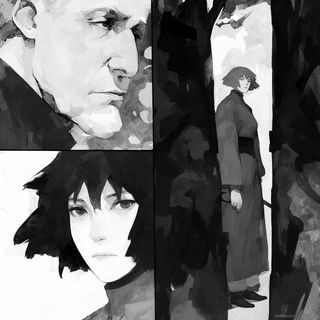 Parachute Ligature style, Midjourney V6.1: black-and-white manga comic strip
