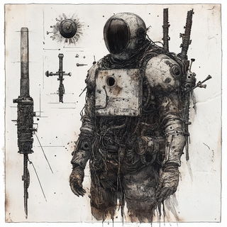 Cliffgate Scenography style, Midjourney V6.1: concept art character design of retropunk steam knight
