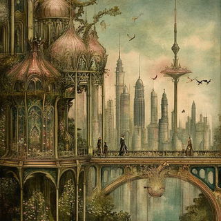 Gouachintarsia style, Midjourney V6.1: megacity with futuristic bioarchitecture