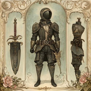 Gouachintarsia style, Midjourney V6.1: concept art character design of retropunk steam knight