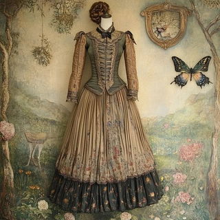 Gouachintarsia style, Midjourney V6.1: haute-couture fashion outfit