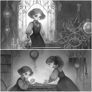 Gouachintarsia style, Midjourney V6.1: black-and-white manga comic strip