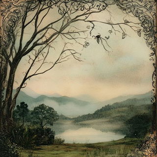 Gouachintarsia style, Midjourney V6.1: realistic landscape photograph of quiet dawn