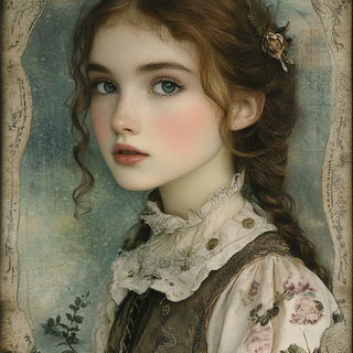 Gouachintarsia style, Midjourney V6.1: photographic portrait of female protagonist