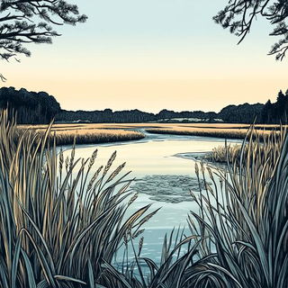 Prismtide style, Midjourney V6.1: realistic landscape photograph of quiet dawn