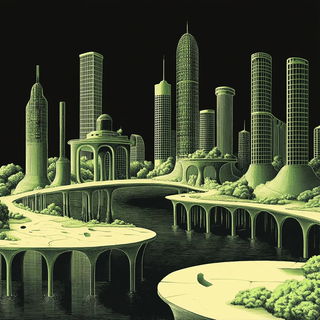 Tealcrest Folklore style, Midjourney V6.1: megacity with futuristic bioarchitecture