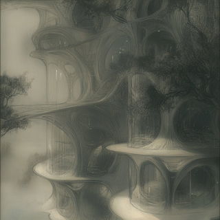 Sepia Morphograph style, Midjourney V6.1: megacity with futuristic bioarchitecture