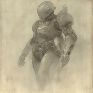 Sepia Morphograph style, Midjourney V6.1: concept art character design of retropunk steam knight