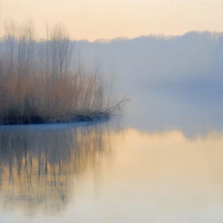 Ornamentronica style, Midjourney V6.1: realistic landscape photograph of quiet dawn