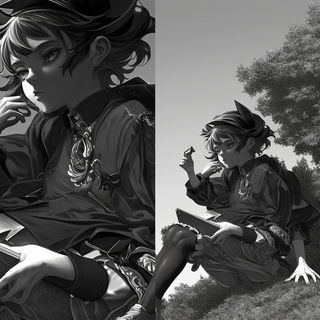 Pinkleaf Casebinding style, Midjourney V6.1: black-and-white manga comic strip