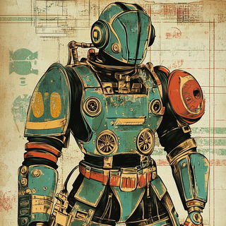 Crescent Souk Glyphics style, Midjourney V6.1: concept art character design of retropunk steam knight