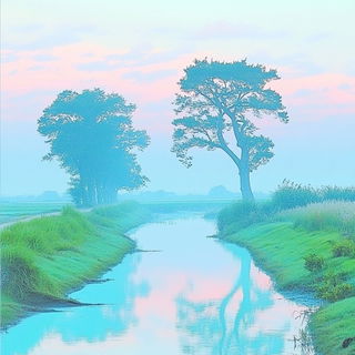Incisocollage style, Midjourney V6.1: realistic landscape photograph of quiet dawn