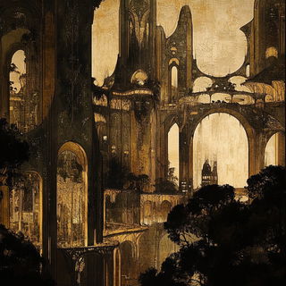 Riad Iconarium style, Midjourney V6.1: megacity with futuristic bioarchitecture