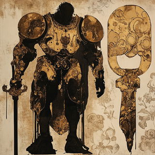 Riad Iconarium style, Midjourney V6.1: concept art character design of retropunk steam knight