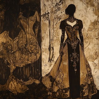Riad Iconarium style, Midjourney V6.1: haute-couture fashion outfit