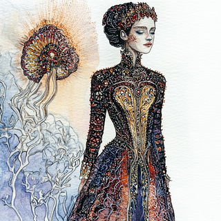 Mistraloon style, Midjourney V6.1: haute-couture fashion outfit