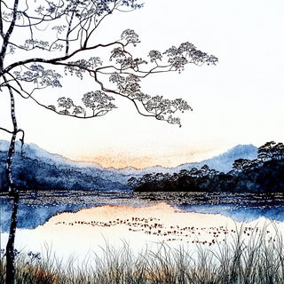 Mistraloon style, Midjourney V6.1: realistic landscape photograph of quiet dawn