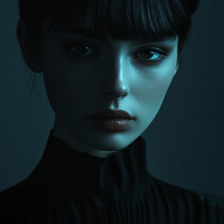 Bluegray Folio style, Midjourney V6.1: photographic portrait of female protagonist