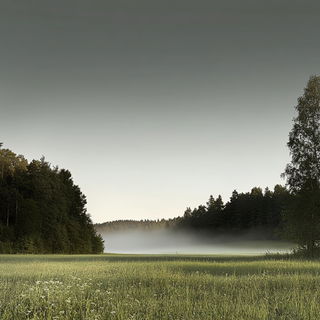 Planimetric Ruins style, Midjourney V6.1: realistic landscape photograph of quiet dawn