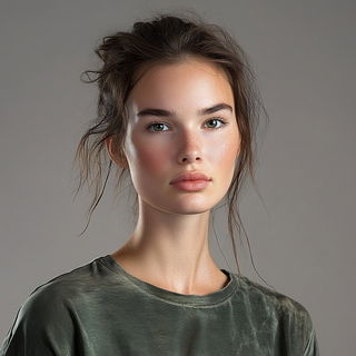 Planimetric Ruins style, Midjourney V6.1: photographic portrait of female protagonist
