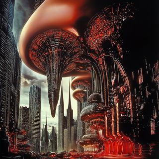 Gravemoon Washcraft style, Midjourney V6.1: megacity with futuristic bioarchitecture