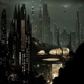 Rosette Misregistration style, Midjourney V6.1: megacity with futuristic bioarchitecture