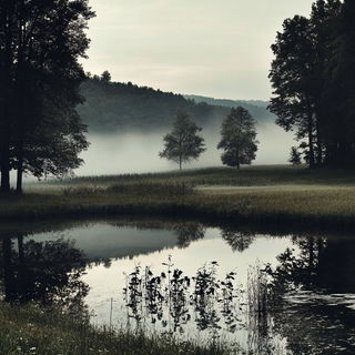 Rosette Misregistration style, Midjourney V6.1: realistic landscape photograph of quiet dawn