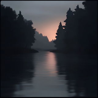 Cineumbra style, Midjourney V6.1: realistic landscape photograph of quiet dawn