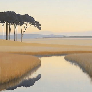 Azure Trellisism style, Midjourney V6.1: realistic landscape photograph of quiet dawn