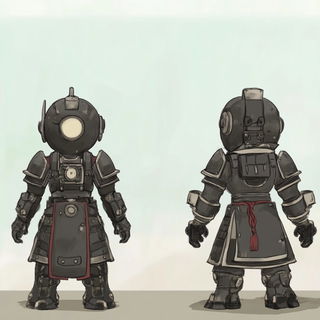 Ruinocel style, Midjourney V6.1: concept art character design of retropunk steam knight