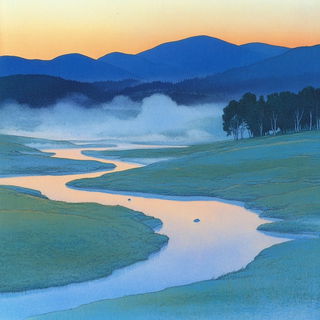 Morrowglass Islet style, Midjourney V6.1: realistic landscape photograph of quiet dawn