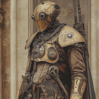 Puppet Dune Procession style, Midjourney V6.1: concept art character design of retropunk steam knight
