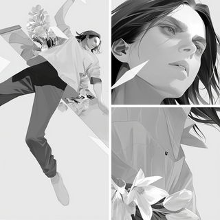 Illuminated Grove style, Midjourney V6.1: black-and-white manga comic strip