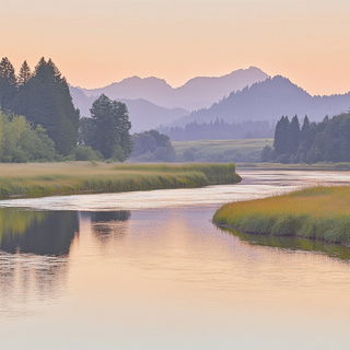 Inkcurrent Aerography style, Midjourney V6.1: realistic landscape photograph of quiet dawn