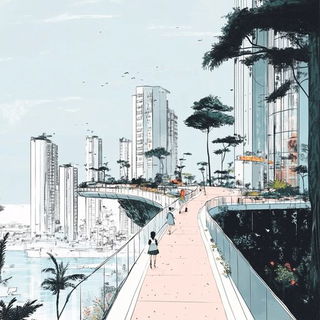 Pulpbeam Carnival style, Midjourney V6.1: megacity with futuristic bioarchitecture